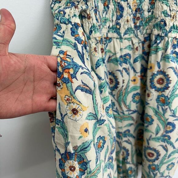 Anthropologie Pilcro Smocked Natural Linen Blend Multicolor Floral Short Romper - Picture 12 of 13
